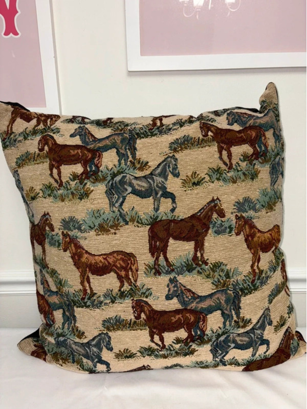 Vintage-Style Horse Tapestry Throw Pillow Western Equestrian Cottage Decor